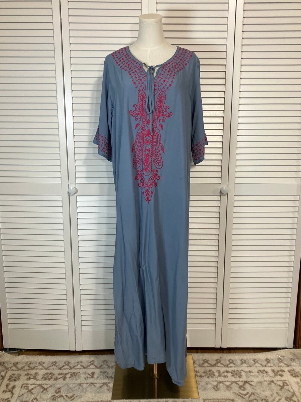 Blue Embroidered Boho Geo Relaxed Maxi Kaftan Dress One Size
